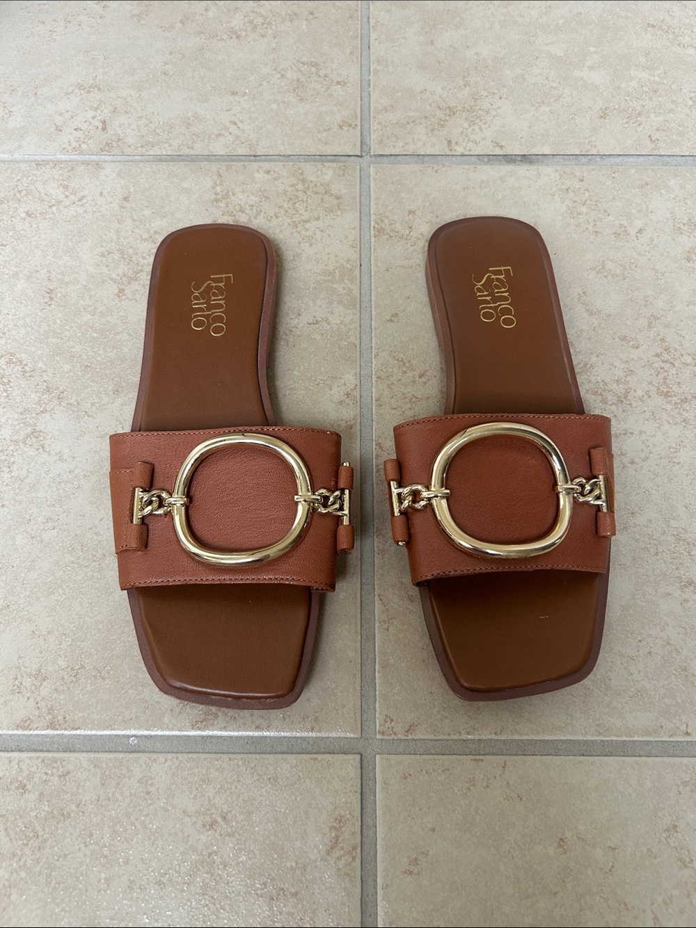 Franco Sarto Brown Slide Mules with Gold Ring Accent